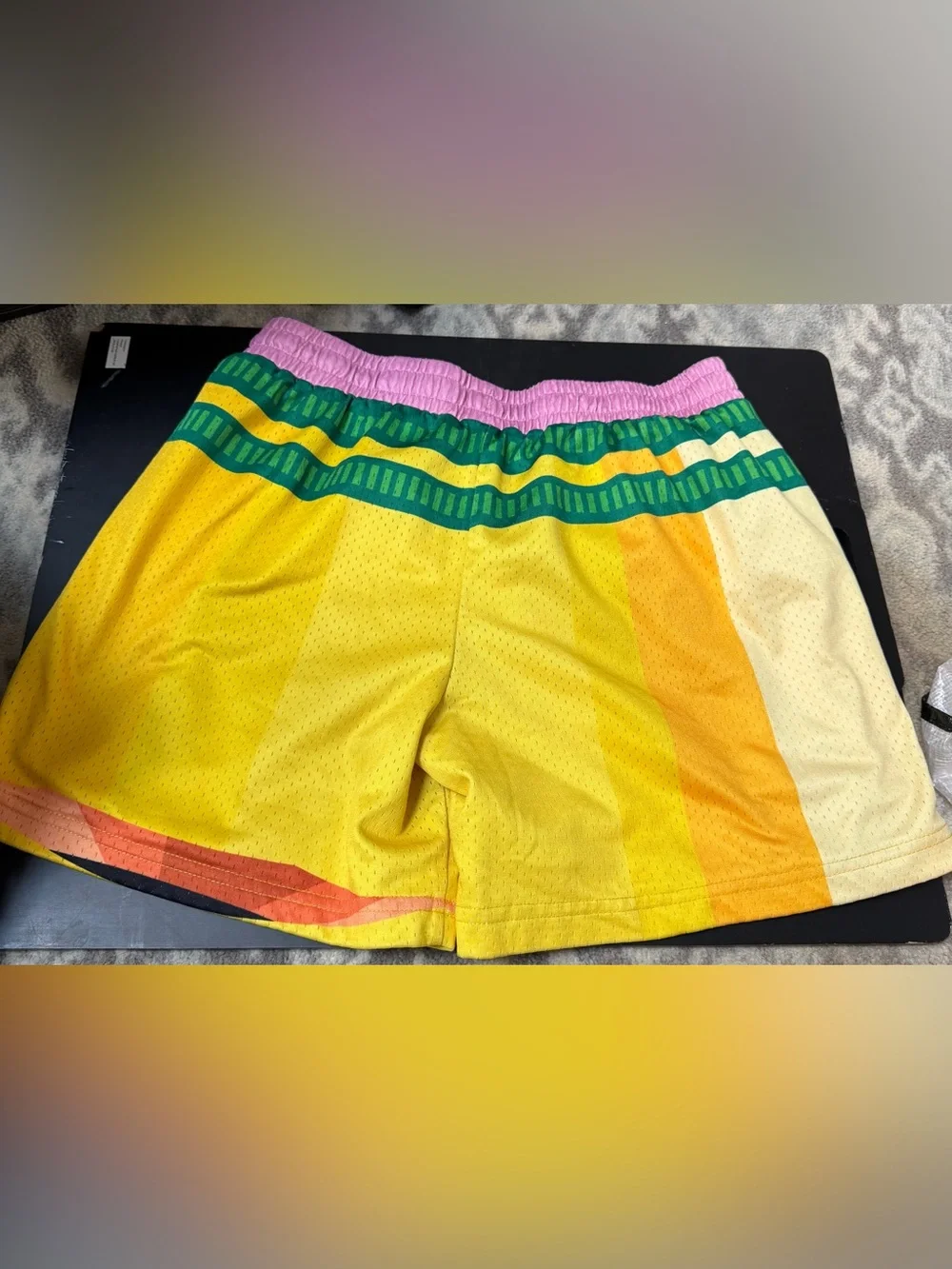 Kids Yellow Athletic Shorts with Pink Waistband and Green Trim